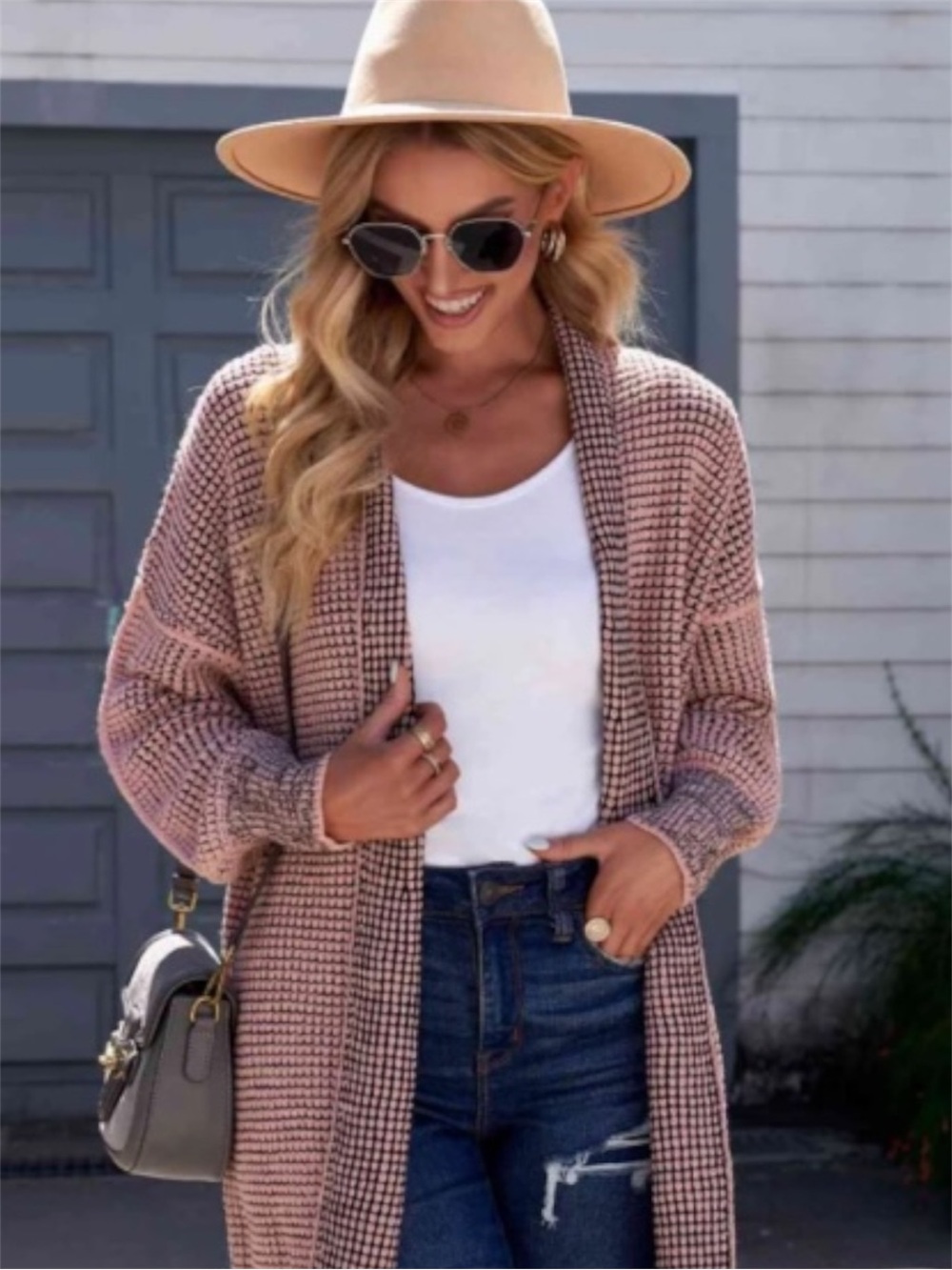 Woven Right Heathered Open Front Longline Cardigan in Mauve Size M